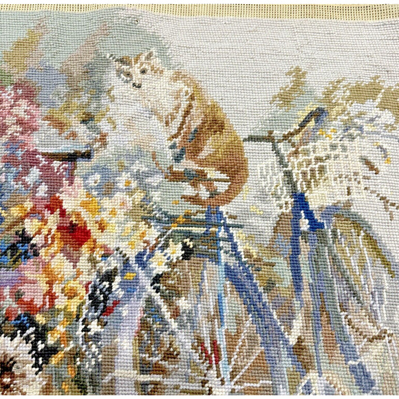 Vintage Needlepoint Canvas Completed Cats And Bicycles Handmade Art 22" x 28" - Picture 4 of 8